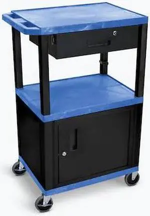 LUXOR WT42BUC2-B/WTD 42"H AV Cart, 3 Shelves, Cab, Drawer, Black Leg