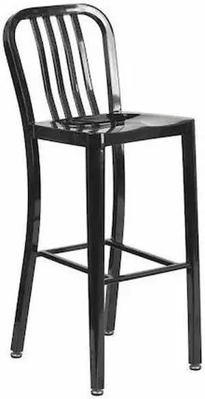 Commercial Grade 30" High Black Metal Indoor-Outdoor Barstool with Vertical Slat Back