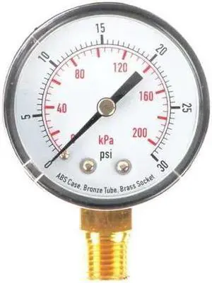 ZORO SELECT 4FLT8 Pressure Gauge, Commercial, 0 to 30 psi, 2 in Dial, 1/4 in