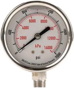 ZORO SELECT 4CFJ2 Commercial Pressure Gauge, 0 to 2,000 psi, 2 1/2 in Dial, 1/4