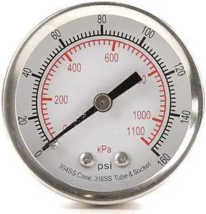 ZORO SELECT 4FMV1 Commercial Pressure Gauge, 0 to 160 psi, 2 in Dial, 1/4 in