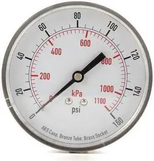 ZORO SELECT 4FMG5 Commercial Pressure Gauge, 0 to 160 psi, 3 1/2 in Dial, 1/4