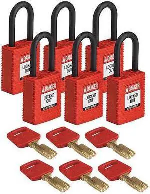 BRADY NYL-RED-38PL-KD6PK Lockout Padlock,Nylon,Red,Rectangulr,PK6
