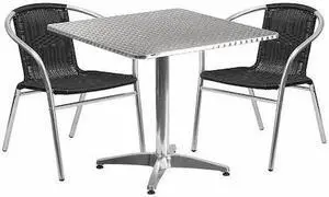 31.5'' Square Aluminum Indoor-Outdoor Table Set with 2 Black Rattan Chairs