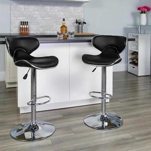 2 Pk. Contemporary Cozy Mid-Back Black Vinyl Adjustable Height Barstool with Chrome Base