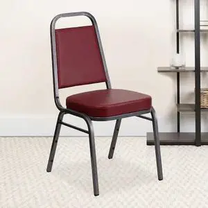 4 Pk. HERCULES Series Trapezoidal Back Stacking Banquet Chair with Burgundy Vinyl and 2.5'' Thick Seat - Silver Vein Frame