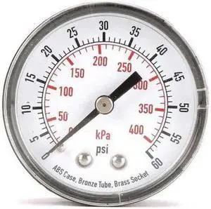 ZORO SELECT 4FMC5 Pressure Gauge, Commercial, 0 to 60 psi, 2 in Dial, Acrylic