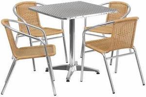 27.5'' Square Aluminum Indoor-Outdoor Table Set with 4 Beige Rattan Chairs