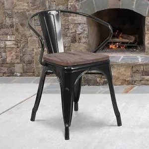 FLASH FURNITURE 4-CH-31270-BK-WD-GG Black Metal Chair with Wood Seat and