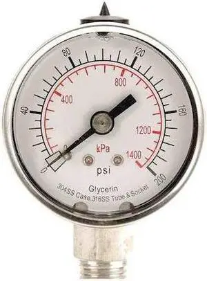 ZORO SELECT 4CFG1 Commercial Pressure Gauge, 0 to 200 psi, 2 in Dial, 1/4 in