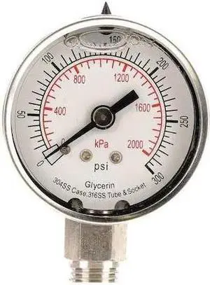 ZORO SELECT 4CFG2 Commercial Pressure Gauge, 0 to 300 psi, 2 in Dial, 1/4 in