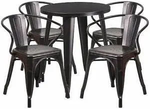 Flash Furniture Chauncey Indoor-Outdoor 24" Round Table Set with 4 Arm Chairs Black-Antique Gold Metal (CH518TH418ABQ)