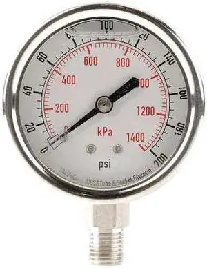 ZORO SELECT 4CFH6 Commercial Pressure Gauge, 0 to 200 psi, 2 1/2 in Dial, 1/4