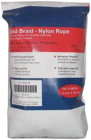 ZORO SELECT 12U274 Rope,Nylon,Braided,1/4 In. dia.,100 ft L