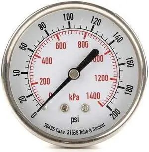 ZORO SELECT 4FMW7 Commercial Pressure Gauge, 0 to 200 psi, 2 1/2 in Dial, 1/4