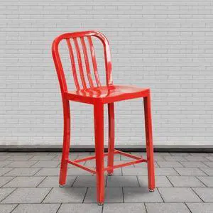 Flash Furniture 24" High Red Metal Indoor-Outdoor Counter Height Stool with Vertical Slat Back 2 Pack (2CH6120024RED)