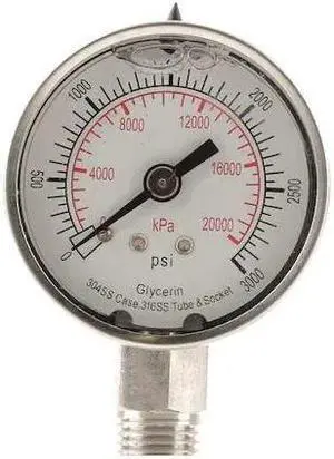 ZORO SELECT 4CFG7 Commercial Pressure Gauge, 0 to 3,000 psi, 2 in Dial, 1/4 in
