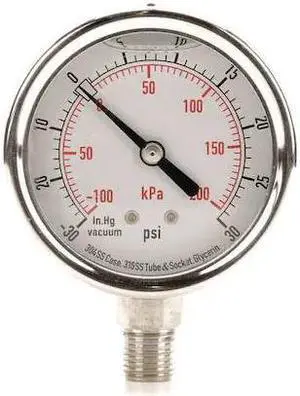 ZORO SELECT 4CFH1 Commercial Compound Gauge, 30 to 0 to 30 psi, 2 1/2 in Dial,