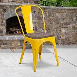 FLASH FURNITURE 4-CH-31230-YL-WD-GG Yellow Metal Stackable Chair with Wood