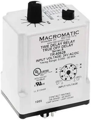 MACROMATIC TR-60628 Single Function Time Delay Relay, Octal, Off Delay, 1 MACROMATIC TR-60628 Single Function Time Delay Relay, Octal, Off Delay, 1