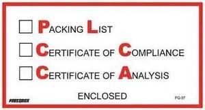 TAPE LOGIC PL97 Tape Logic "Packing List/Cert of Compliance/Cert. of Analysis