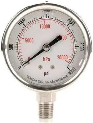 ZORO SELECT 4CFJ3 Commercial Pressure Gauge, 0 to 3,000 psi, 2 1/2 in Dial, 1/4