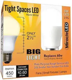 MIRACLE LED 602189 5 W, Compact LED Bulb, White, A15, 3000K Temp. Frosted,