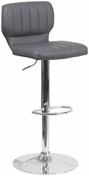 Contemporary Gray Vinyl Adjustable Height Barstool with Vertical Stitch Back and Chrome Base