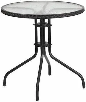 28'' Round Tempered Glass Metal Table with Black Rattan Edging