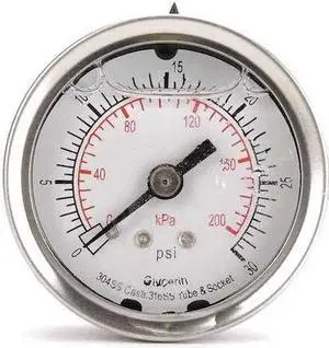 ZORO SELECT 4CFN8 Commercial Pressure Gauge, 0 to 30 psi, 2 in Dial, 1/4 in