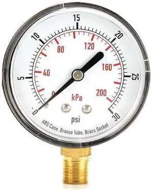 ZORO SELECT 4FLV7 Commercial Pressure Gauge, 0 to 30 psi, 2 1/2 in Dial, 1/4 in