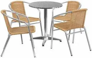23.5'' Round Aluminum Indoor-Outdoor Table Set with 4 Beige Rattan Chairs