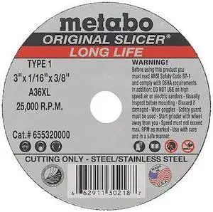 METABO 655320000 Abrasive Cut-Off Wheel, Type 1, 3 in Dia, 1/16 in Thick, 3/8 METABO 655320000 Abrasive Cut-Off Wheel, Type 1, 3 in Dia, 1/16 in Thick, 3/8