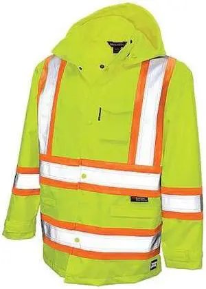 TOUGH DUCK S37211 Rain Jacket, Polyester, Polyurethane, Class 3 Type R, Green, L