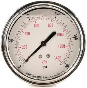 ZORO SELECT 4CFV4 Commercial Pressure Gauge, 0 to 200 psi, 3 1/2 in Dial, 1/4