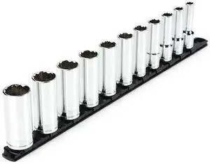 TEKTON SHD92107 1/2 Inch Drive Deep 12-Point Socket Set with Rail, 11-Piece