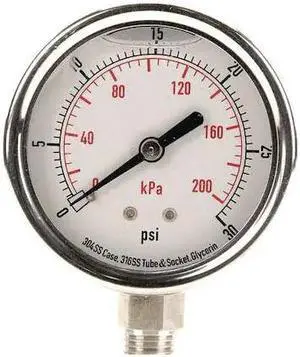 ZORO SELECT 4CFH2 Pressure Gauge,Liquid Filled,2-1/2 In