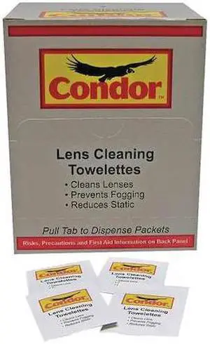 CONDOR 44X059 Pre-Moistened Lens Cleaning Towelettes, Anti-Fog, Anti-Static,