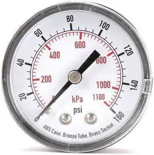 ZORO SELECT 4FMC7 Pressure Gauge, Commercial, 0 to 160 psi, 2 in Dial, Acrylic