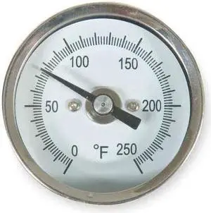 ZORO SELECT 1NFW9 Bimetal Thermom, 2 In Dial, 0 to 250F, Accuracy: +/-1%