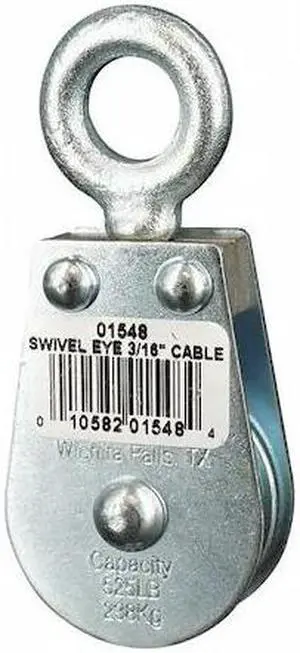ZORO SELECT 4JX64 Pulley Block, Wire Rope, 3/16 in Max Cable Size, 525 lb Max