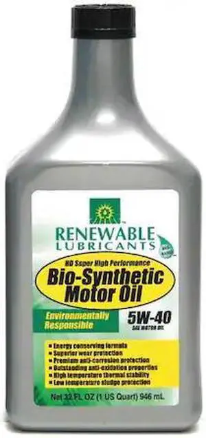 RENEWABLE LUBRICANTS 85251 Engine Oil, 5W-40, Bio-Synthetic, 1 Qt.