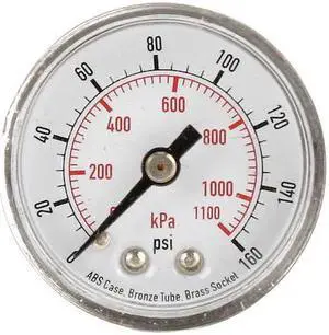 ZORO SELECT 4FLZ8 Pressure Gauge, Commercial, 0 to 160 psi, 1 1/2 in Dial, 1/8
