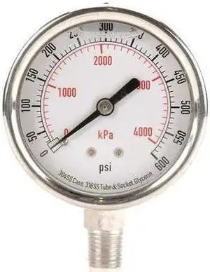 ZORO SELECT 4CFH9 Pressure Gauge,Liquid Filled,2-1/2 In