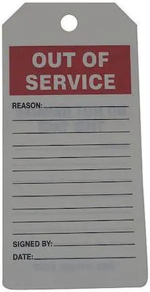 ZORO SELECT 43Z231 Tag, Out Of Service, PVC, 6 1/4 in H x 3 in W, White,