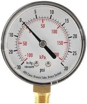 ZORO SELECT 4FLV5 Commercial Compound Gauge, 30 to 0 to 30 psi, 2 1/2 in Dial,