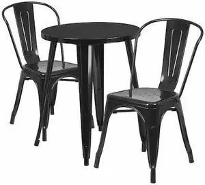 24'' Round Black Metal Indoor-Outdoor Table Set with 2 Cafe Chairs
