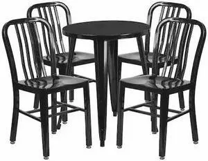 24'' Round Black Metal Indoor-Outdoor Table Set with 4 Vertical Slat Back Chairs