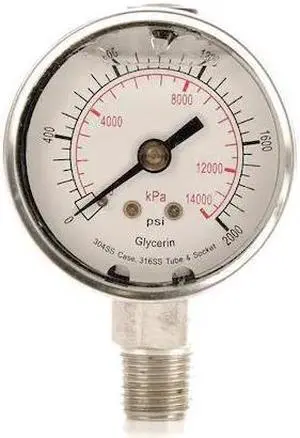 ZORO SELECT 4CFG6 Commercial Pressure Gauge, 0 to 2,000 psi, 2 in Dial, 1/4 in
