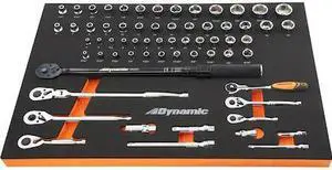 DYNAMIC D096004-FT1T 65Pcs 1/4", 3/8" Dr Socket, Attchmnt & Torque Wrench Set &